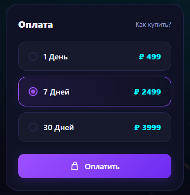Блок оплаты: выбор тарифа и кнопка «Оплатить»