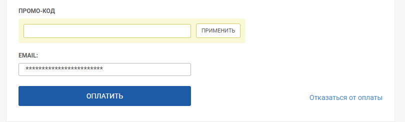 Поля промо-кода и email на странице оплаты